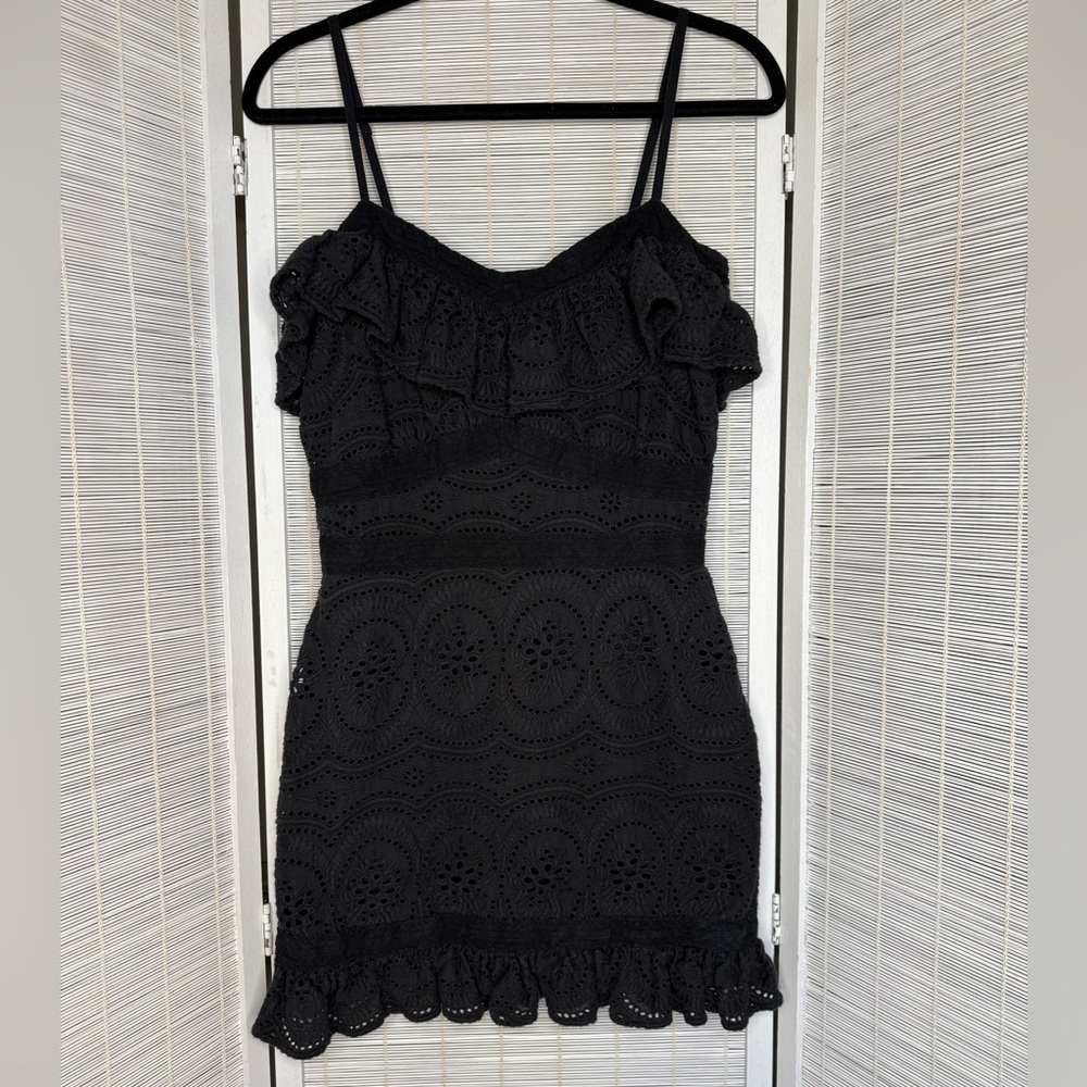 Lovers + Friends Leona Black Eyelet Lace Mini Dress Ruffle Straps Size S